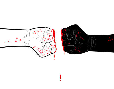 stop racism concept, two hands black and white with blood blots,conflict concept, vectorのイラスト素材