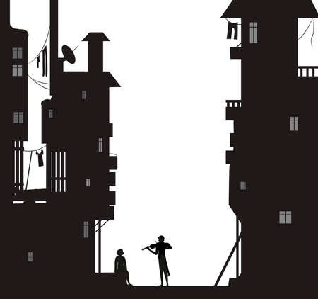 Violist plays for s girl night dreamer, boy sits near the city houses and look flying pigeons, dreams vectorのイラスト素材