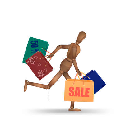shopping addiction concept, marionette runs and holds many shopping bags, white background, modern man addiction series, vectorのイラスト素材