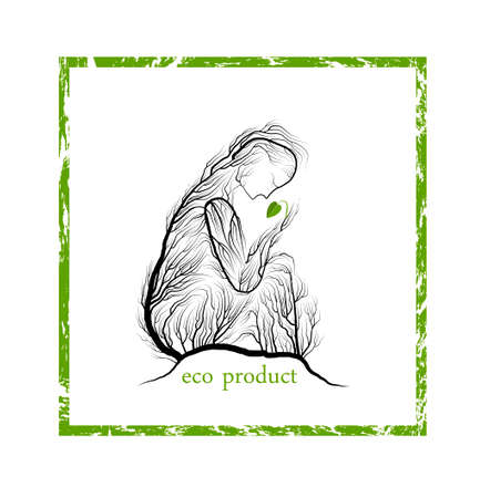eco product concept, woman like tree holding green leaf sprout, green product eco care idea, vectorのイラスト素材