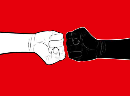 stop racism concept, two hands black and white on the red background, minimalist poster, vectorのイラスト素材