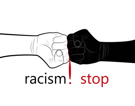 stop racism concept, two hands black and white and blood drop in the middle with text stop racism, minimalist poster, vectorのイラスト素材