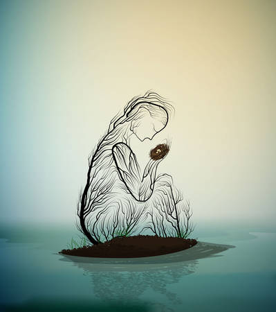 tree silhouette like a woman holding nest with white bird and hiding it from the flooding river, spring tree soul, tree alive idea, vectorのイラスト素材