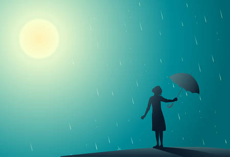 Young girl standing in the rain pulls aside umbrella to look at bright sun, rain is overのイラスト素材