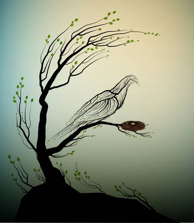 forest spirit, protect the forest and birds vector, pigeon bird look like tree branches and nest with green leaves,のイラスト素材