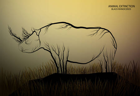 black rhinoceros look like tree branches on the white background, spirit of extinct animal, extinct animal of Africa,のイラスト素材