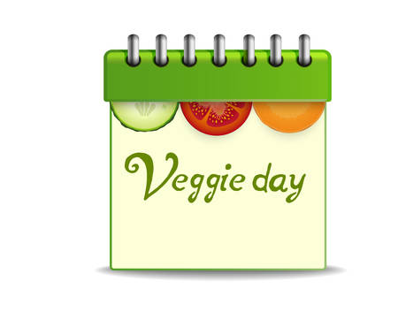veggie organizer, vegetarian day in calendar, veggie day, vegetables carrot, tomatoes and cucumber, kiwi, orange, green onion and inscription my veggie day,のイラスト素材