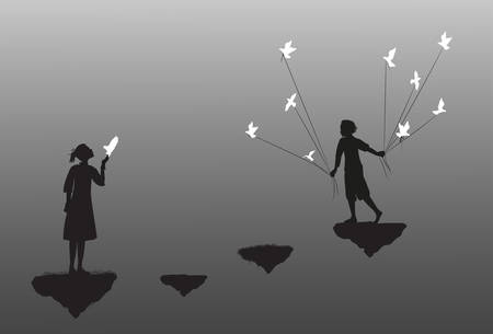 boy with pigeons come to the girl standing on flying rock, black and white, date in dreamland,のイラスト素材