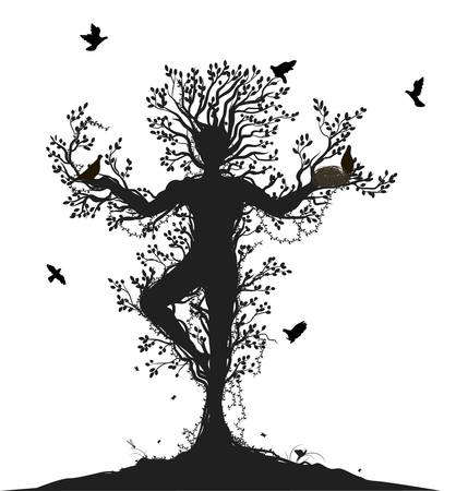 tree soul, spirit of the forest, birds return to the alive tree,のイラスト素材