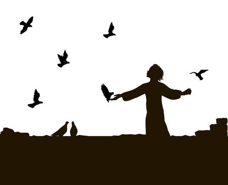boy feeds the pigeon on the roof of old house, black and white, shadows,のイラスト素材