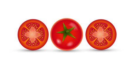 three detailed ripe red tomatoes on white background, tomato set,のイラスト素材