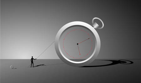 manage the time, ring watch and small man with stick and long shadows, surrealism clock, change the time dreams, vectorのイラスト素材
