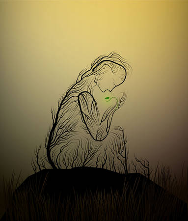 tree silhouette like a woman in the desert, tree looks like a woman holding the last green leaves, drought and tree, dry land idea, tree alive idea, vectorのイラスト素材