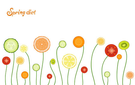 spring healthy food concept, vegetables and fruit looks like spring flowers, spring veggie diet idea, vector.のイラスト素材