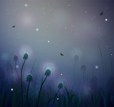 summer night, fairy dandelion at night, fireflight vectorのイラスト素材
