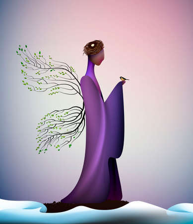 beautiful spring new look idea, New contemporary spring, spring fantasy icon fantastic spring angel, silhouette of angel on the melting snow and holding the bird, vectorのイラスト素材