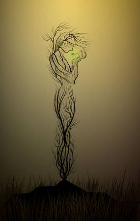 tree silhouette like a woman in the desert, tree looks like a woman holding the last green leaves, drought and tree, dry land idea, tree alive idea, vectorのイラスト素材