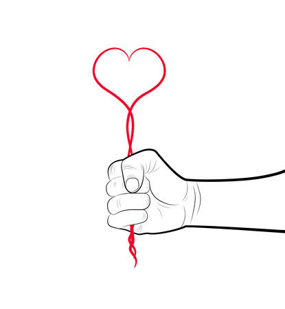 pencil drowing forst holding the red heart from the line, egoism concept, hold the love hard concept,のイラスト素材