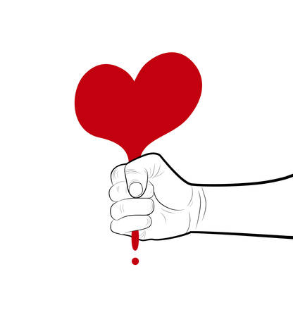 pencil drowing fist holding the red heart from the line, egoism concept, press the love hard concept,のイラスト素材
