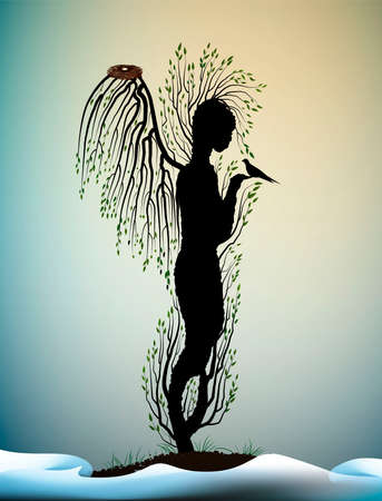 forest soul, tree looks like angel with birds and nest inside, forest spirit, tree sculpture with birds, tree s dream,のイラスト素材
