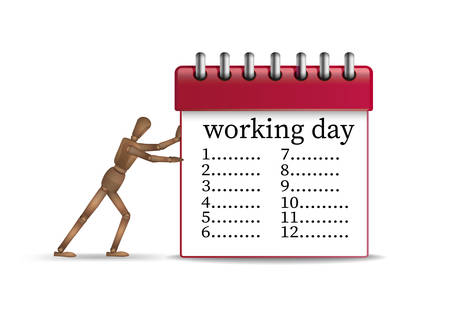 hard working day concept, office worker marionette pushing the red organizer with long timetable, vectorのイラスト素材