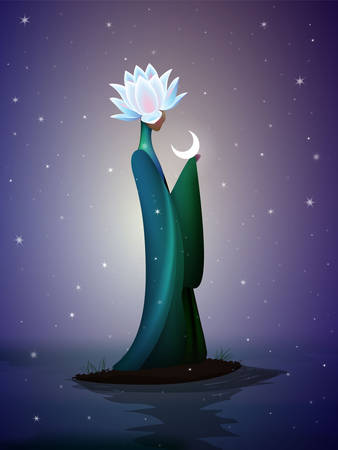 beautiful night fairy, sping fairy, fantastic river fairy, silhouette of woman with lily flower on the head top on the river and the moon, vectorのイラスト素材