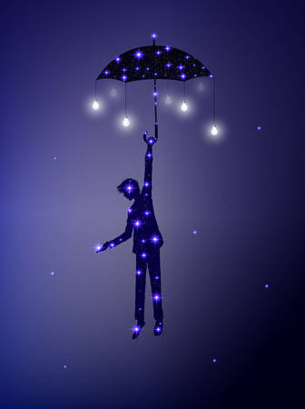 fairy night comming, put the star on the night sky, shiny silhouette of man with umbrella and bulb, houlding the star, My valentine idea, fairy tale at the sky, night dreamer, vectorのイラスト素材