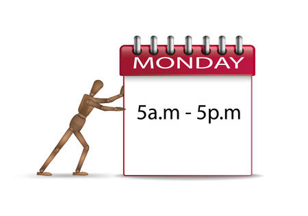 hard working day concept, office worker marionette pushing the red monday organizer with working hours schedule, vectorのイラスト素材
