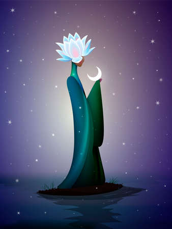 beautiful night fairy, sping fairy, fantastic river fairy, silhouette of woman with lily flower on the head top on the river and the moon, vectorのイラスト素材