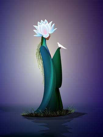 beautiful spring new look idea, sping fairy, spring fantasy icon fantastic spring, silhouette of woman with lily flower on the head top on the river and holding the bird, vectorのイラスト素材