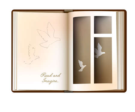 reading and imagination concept, when you read the book you imagine, vintage empty book page looks like window whith flying pigeons,のイラスト素材