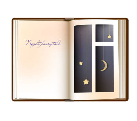 Night fairytale book concept, vintage fairy book page looks like window whith night stars and moon,のイラスト素材