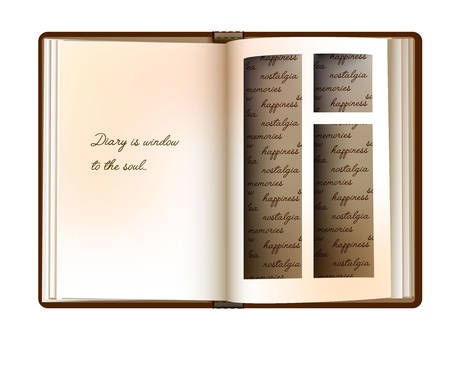 dairy book concept, dairy memories concept, vintage dairy book with page like a window and text dairy is window to the soul,のイラスト素材