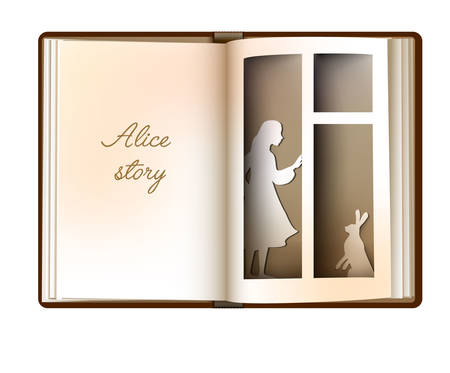 Alice story idea, reading and imagination concept, vintage empty book page looks like window with girl silhouette and rabbit,のイラスト素材
