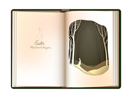 reading and imagination concept, when you read the book you imagine, Easter story concept, vintage empty book page looks like forest with easter rabbit, easter card design,のイラスト素材
