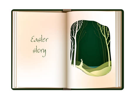 Easter story concept, vintage empty book page looks like forest with easter rabbit, easter card design,のイラスト素材