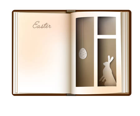 Easter story concept, vintage empty book page looks like window with easter egg and rabbit, easter card design,のイラスト素材