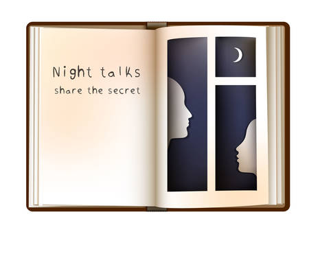 night talks concept, two people profile in the book page that looks window,のイラスト素材