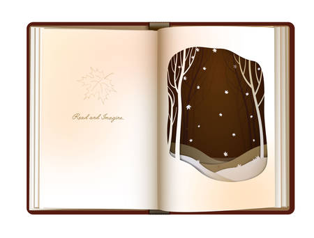 reading and imagination concept, when you read the book you imagine, vintage empty book page looks like paper autumn forest landscape,のイラスト素材