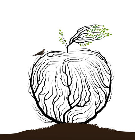 apple look like tree branches with nest and birds, eco fruit on the white background idea, real nature product, take care of tree,のイラスト素材