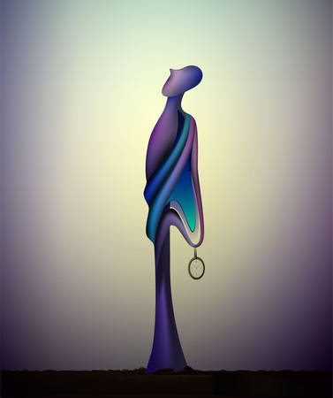 waiting concept, time feeling, missing time, liquid shape of man holding clock, time solitude, surrealistic sculpture, vectorのイラスト素材