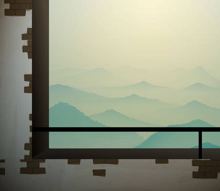 tranquil mountain landscape in old brick window, memories about mountains,のイラスト素材