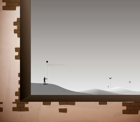 old brick wall windows and empty desert landscape wirh man, dream and reality concept, inside the dream fantasy,のイラスト素材