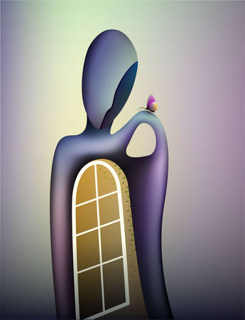 color of the thoughts, liquid beautiful form concept, shape of memories, shaped like a man with open window holding butterfly, shape and color of soul,のイラスト素材