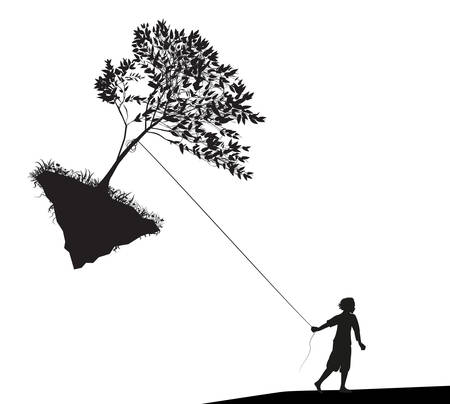 boy holding and pulling the tree on flying rock, take last tree, mankind and environment, shadowsのイラスト素材