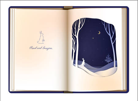 reading and imagination concept, when you read the book you imagine, book story concept, vintage book page looks like night winter forest with rabbit, book design,のイラスト素材