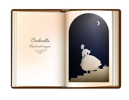 Cinderalla story idea, reading and imagination concept, vintage empty book page looks like arch window with cindarella silhouette,のイラスト素材
