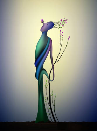 tree soul in the spring time, man shape tree in blossom with butterfly, spring dream icon concept, surrealism, vectorのイラスト素材