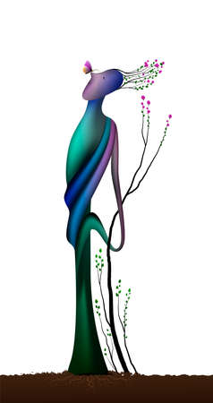 tree soul in the spring time, man shape tree in blossom with butterfly, spring dream icon concept, surrealism, vectorのイラスト素材