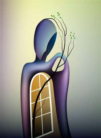 spring in soul concept, shape of memories, man with open window and branch of tree growing inside, contemporary spring art idea,のイラスト素材
